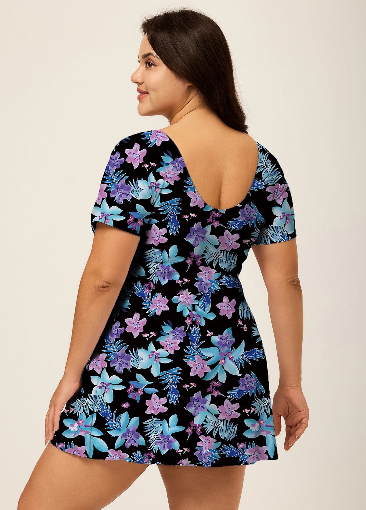 Black V Neck Floral Print Front Knot Short Sleeve Swimdress Set