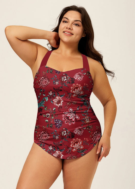 Red Floral Sweetheart Neck Sarong Front Modest Plus Size One Piece Swimsuit