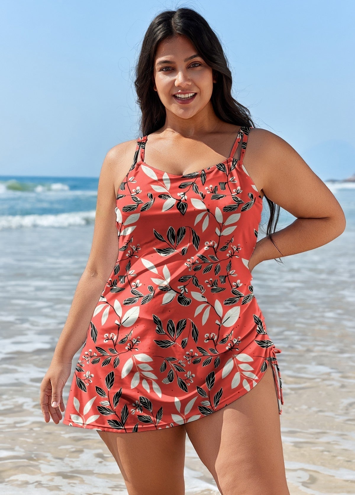 Plus Size Red Leaf Print Srong Swimsuits One Piece Swimdress