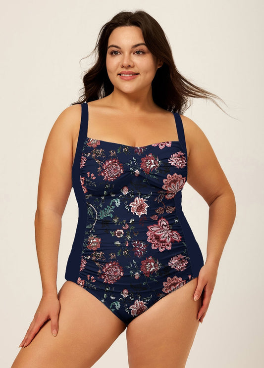 Elegant Navy Vintage Print Twist Front Modest Plus Size One Piece Swimsuit