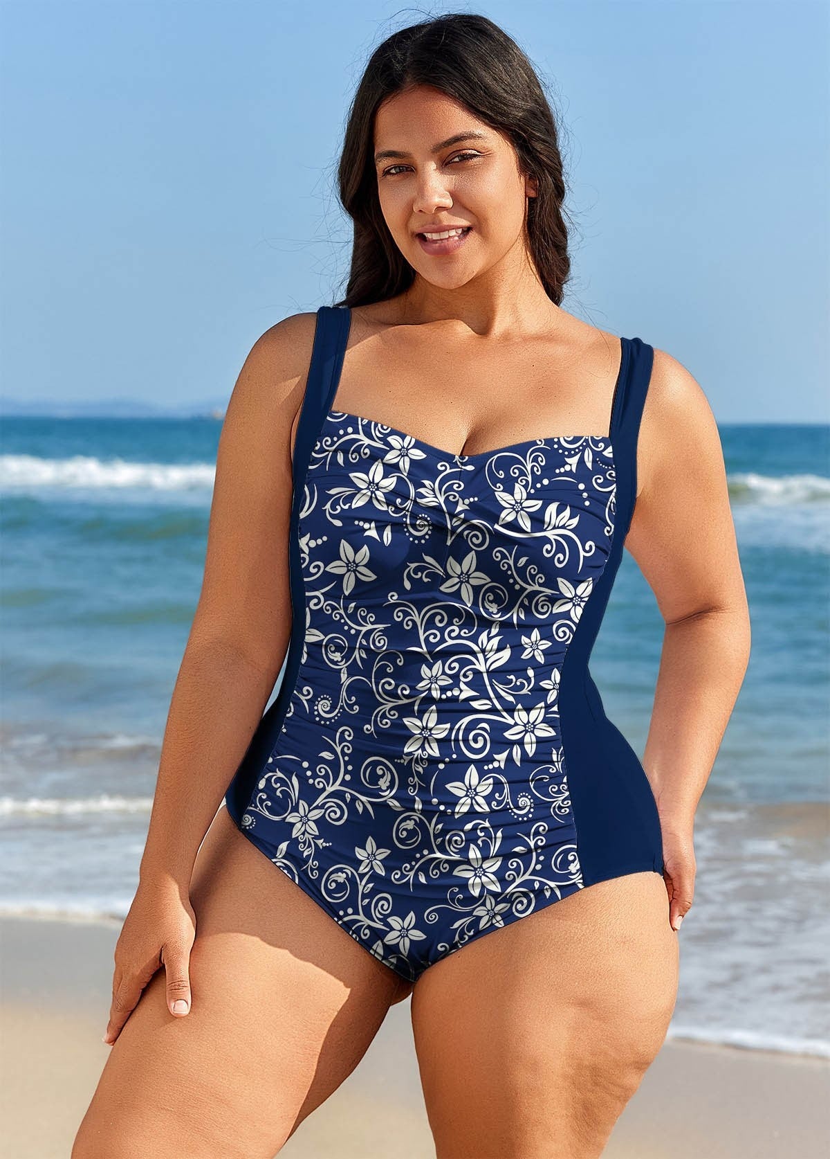 Blue Floral Tummy Control Curvy Swimwear Bathing Suits One Piece Swimsuit