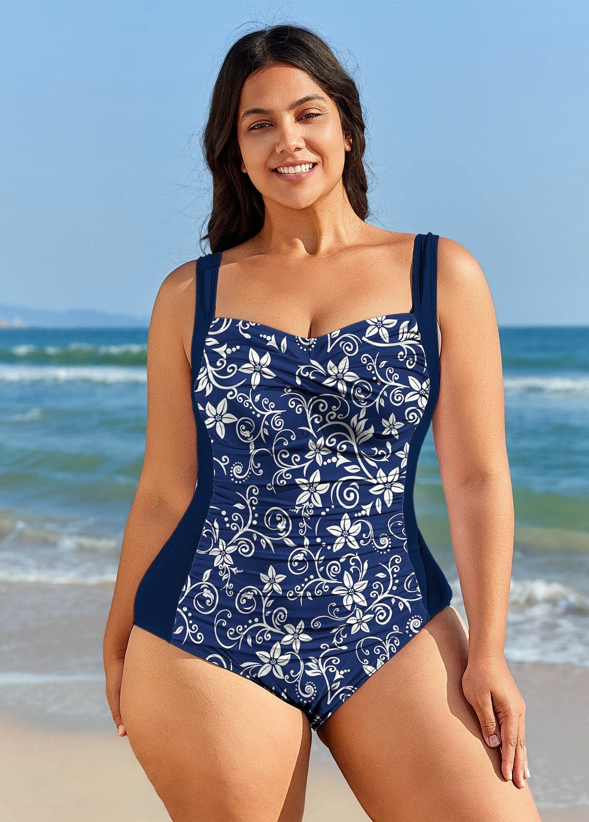 Blue Floral Tummy Control Curvy Swimwear Bathing Suits One Piece Swimsuit