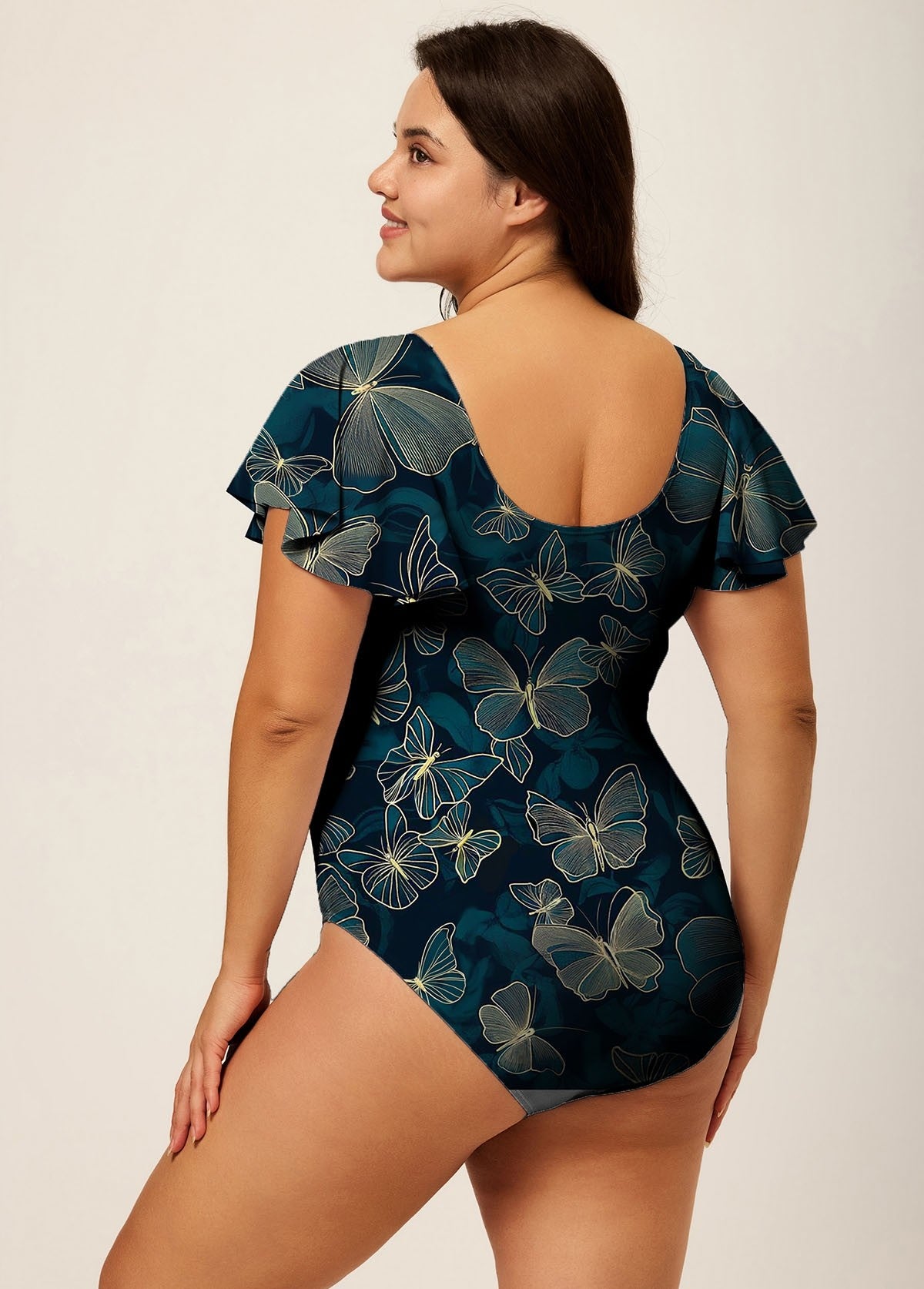 Green Gold Butterfly Ruffle Sleeve Modest Plus Size One Piece Swimsuit