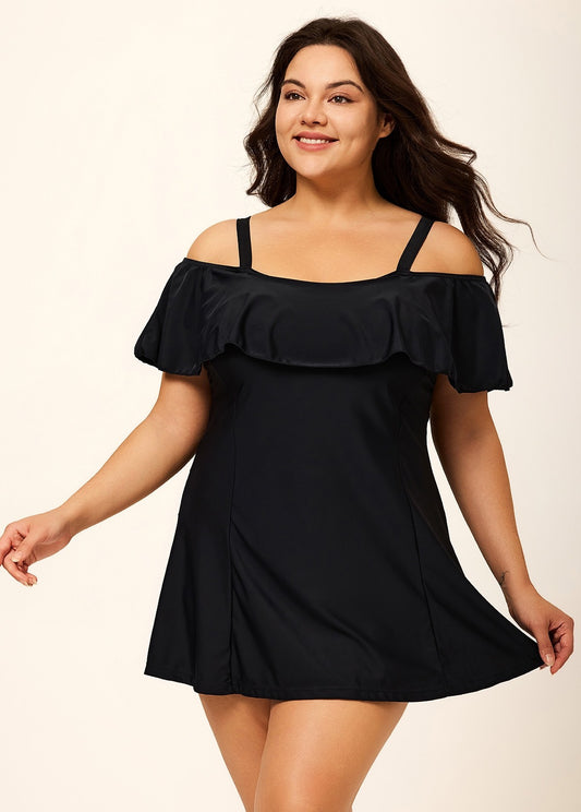 Plus Size Black Tummy Control Stylish One Piece Swimdress