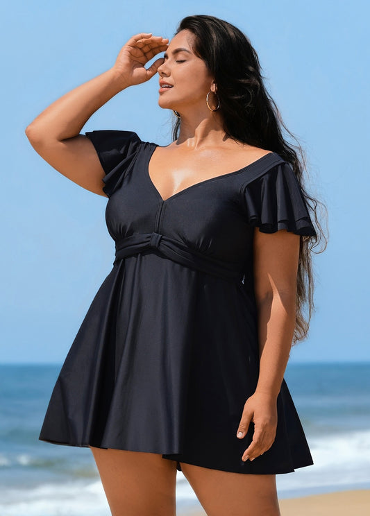 Stylish V Neck Ruffle Sleeves Swimdress Set