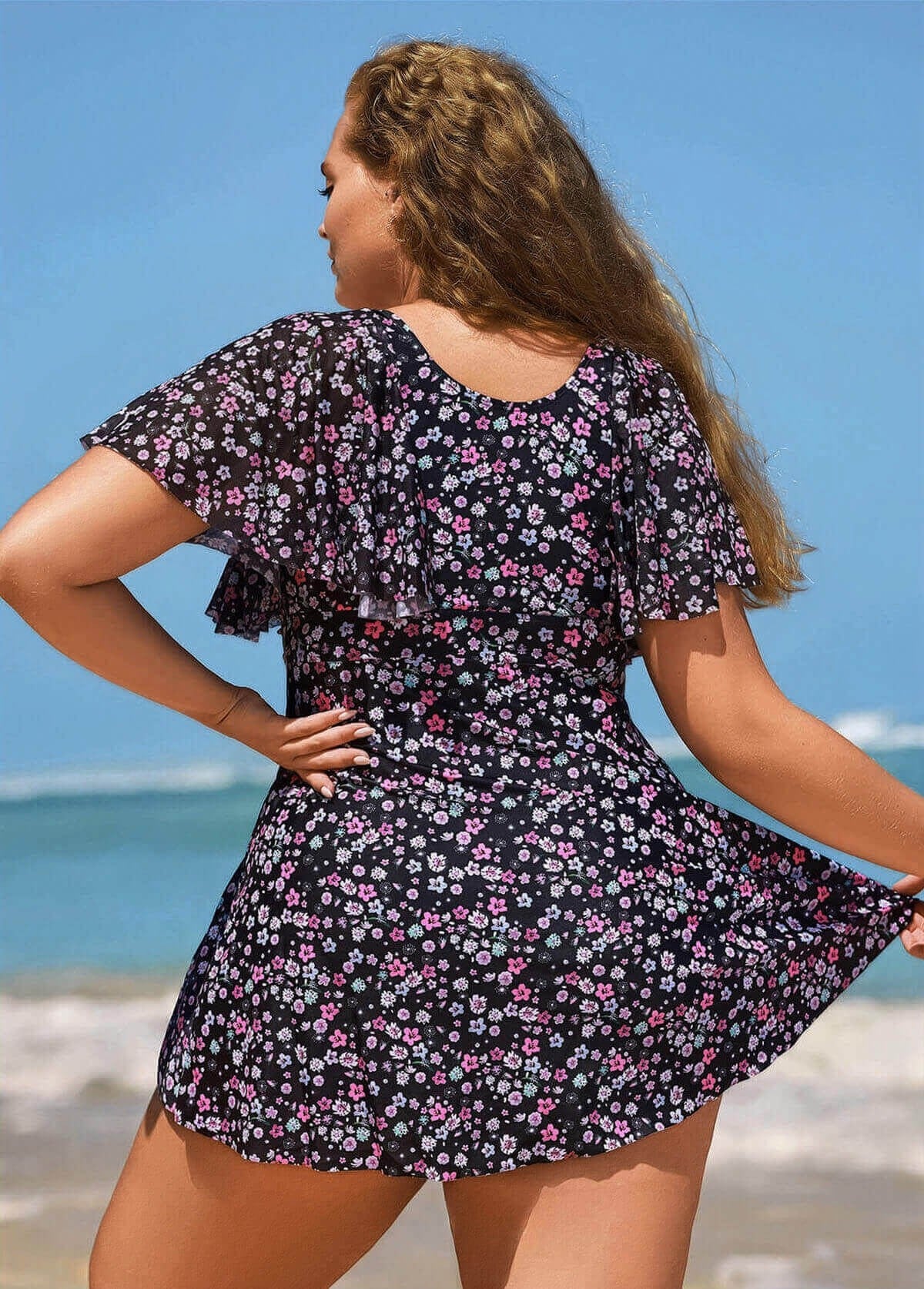 Romantic Floral Flounce Sleeve Square Neck Swimdress Set