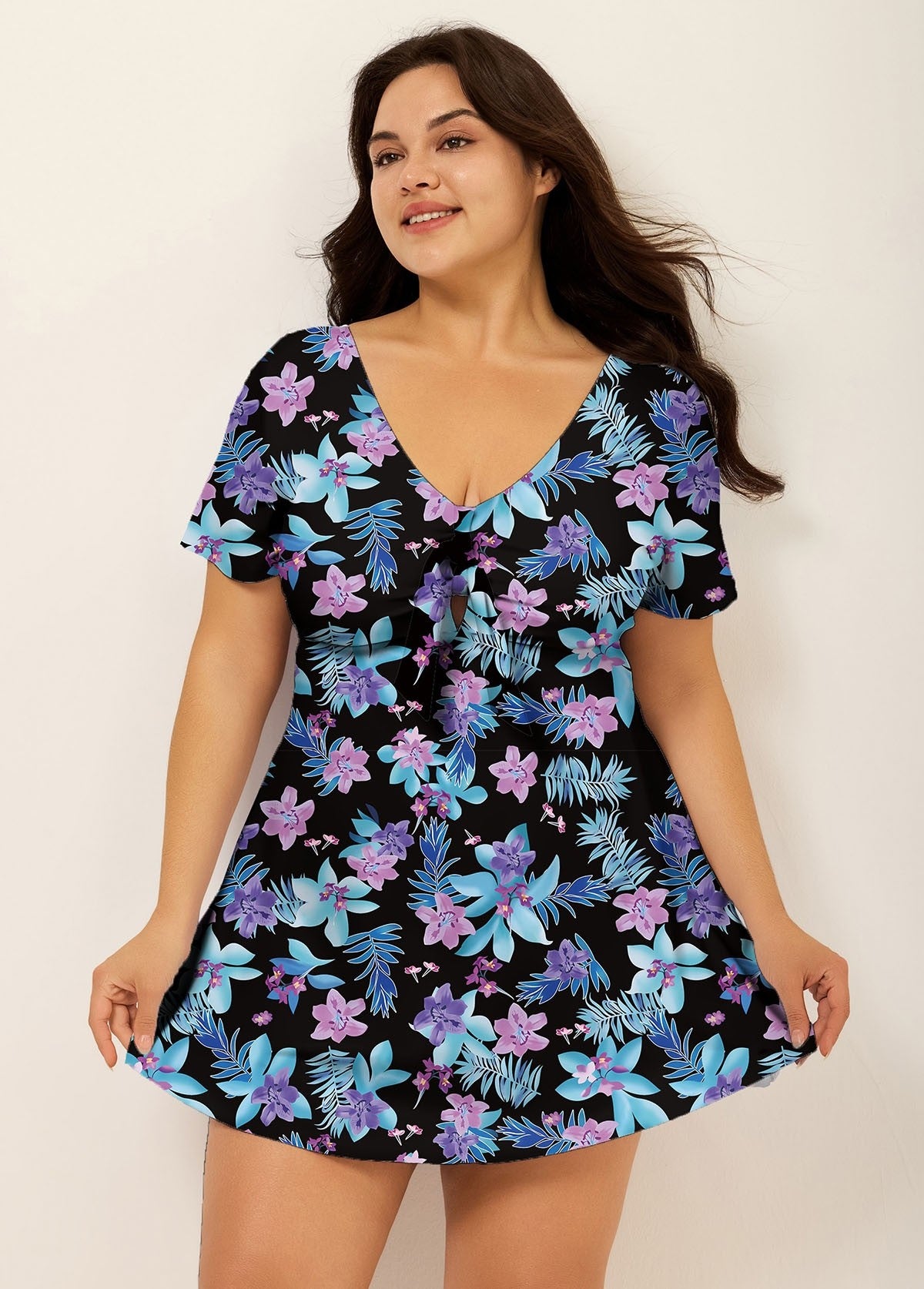 Black V Neck Floral Print Front Knot Short Sleeve Swimdress Set