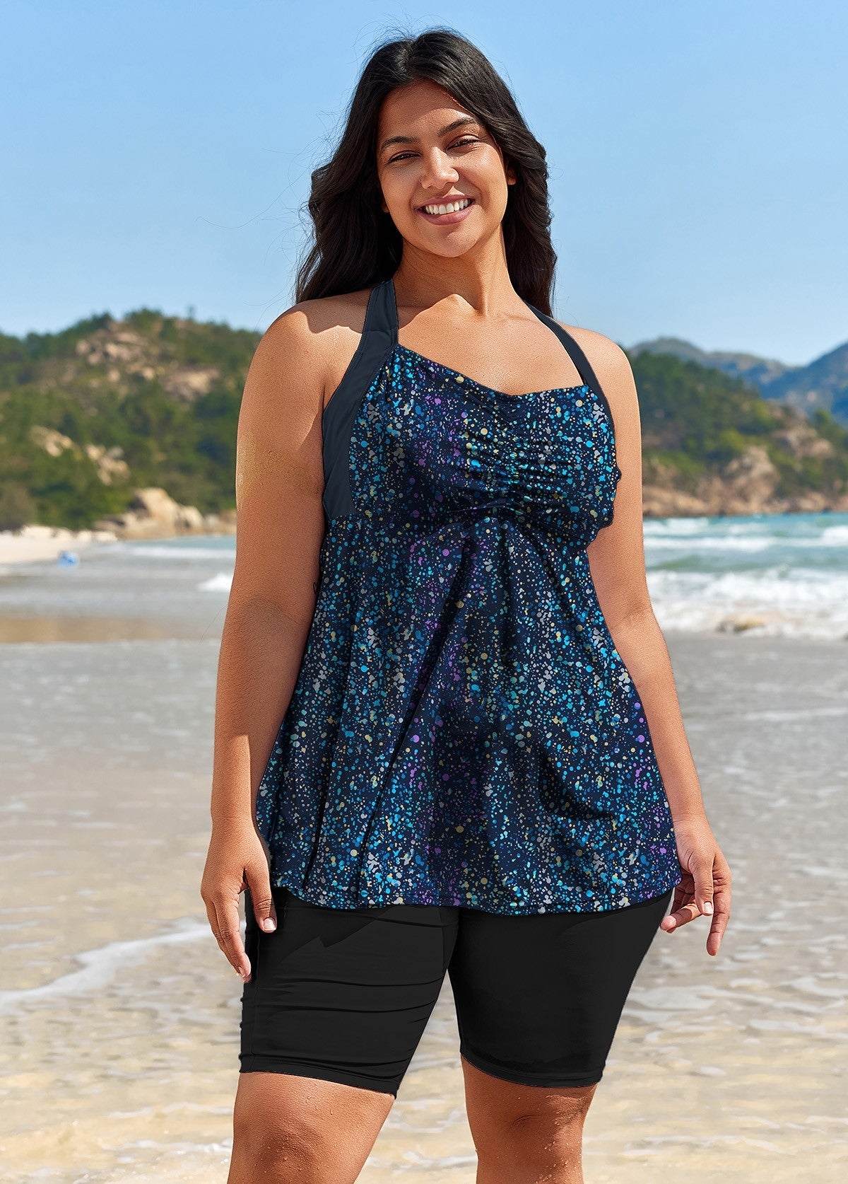 Plus Size Red Leaf Print Short Sleeve Swimwear Bathing Suits Tankini Top