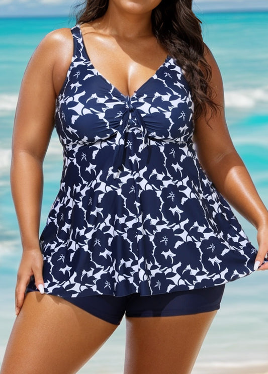 Plus Size Floral Print V Neck Stretchy Women Tankini Top