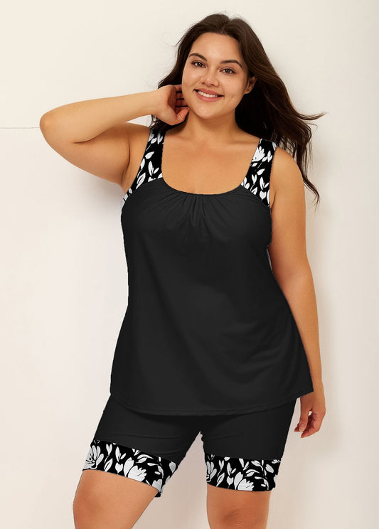 Plus Size Black Floral Print Round Neck Modest Tankini Top