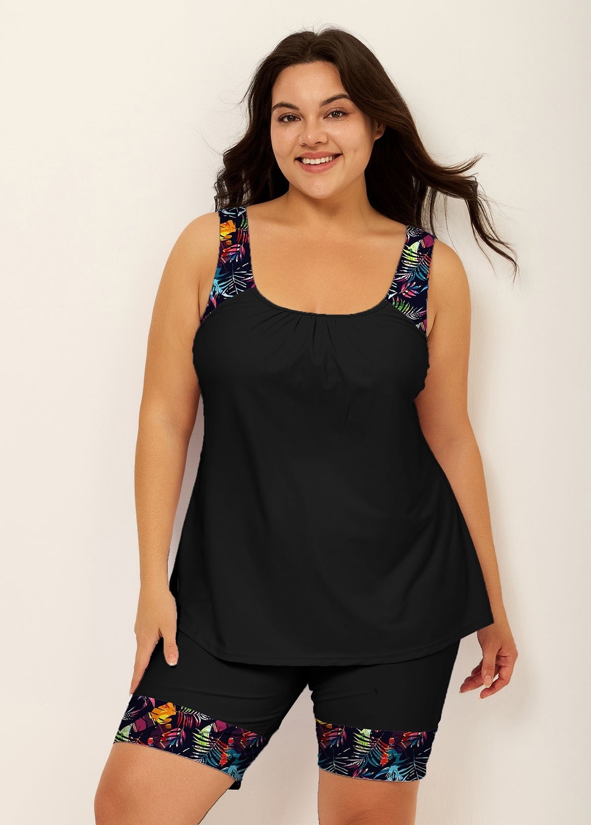 Black Plants Print Round Neck Plus Size Modest Tankini Set