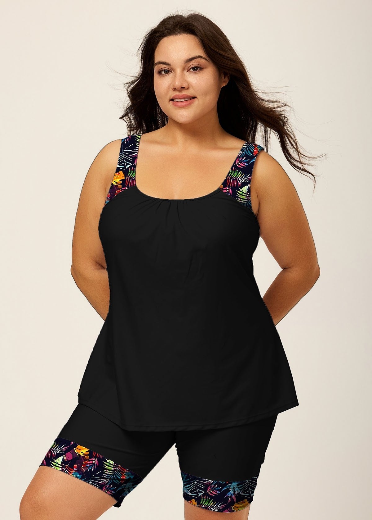 Black Plants Print Round Neck Plus Size Modest Tankini Set